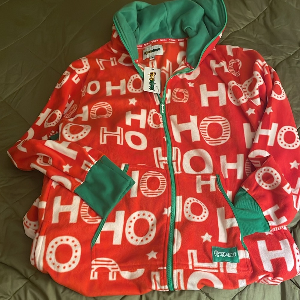 Tipsyelves  men’s HO HO HO jumpsuit pajama with hood size Large
